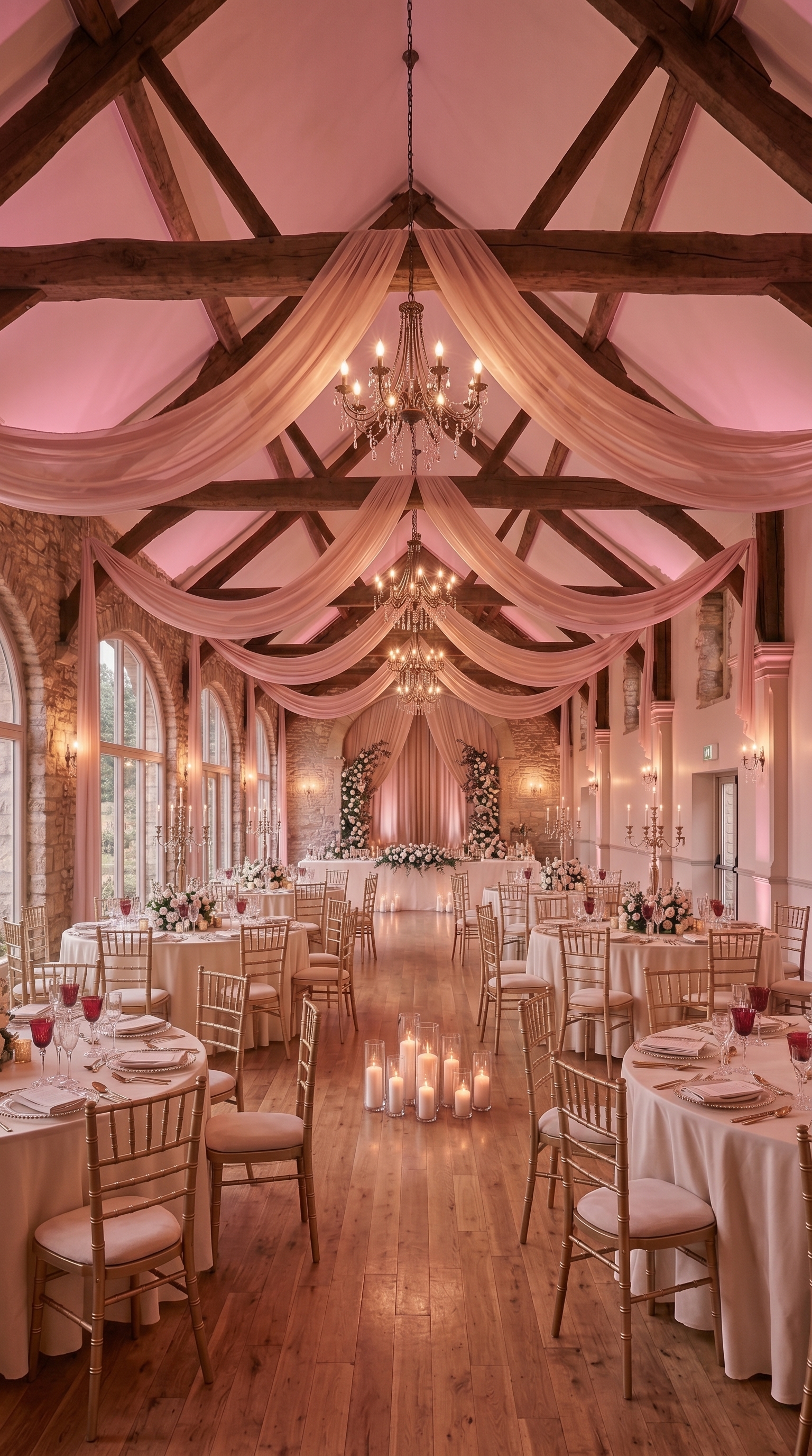 Same venue decorated in romantic wedding style by NuptiaAI